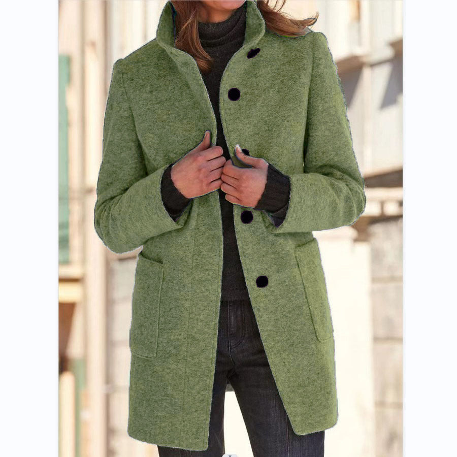 Fashion Stand Collar Woolen Coat With Pockets Fall Winter Casual Button Outwear For Women Clothing Limorista