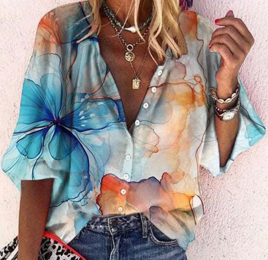 Fashion V-neck 3d Floral Printed Long-sleeved Top Limorista