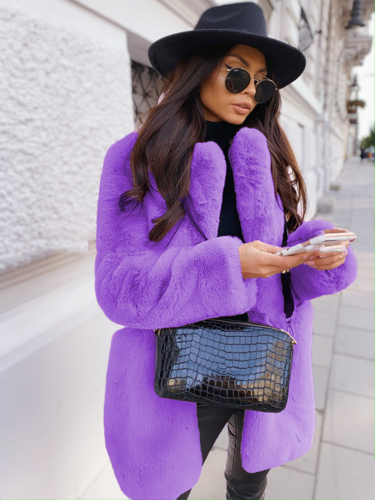 Temperament Long Sleeve Lapel Faux Fur Coat Solid Color Coat Women Fur Fur Women&