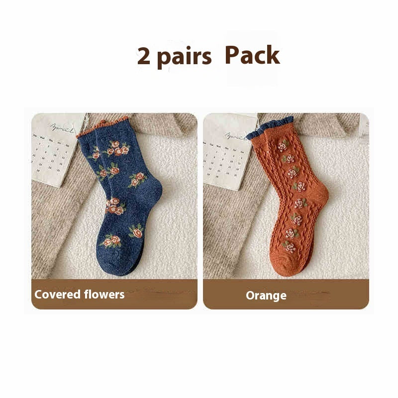 Vintage Small Flower Wool Socks Fleece Lined Padded Warm Keeping Tube Socks Limorista