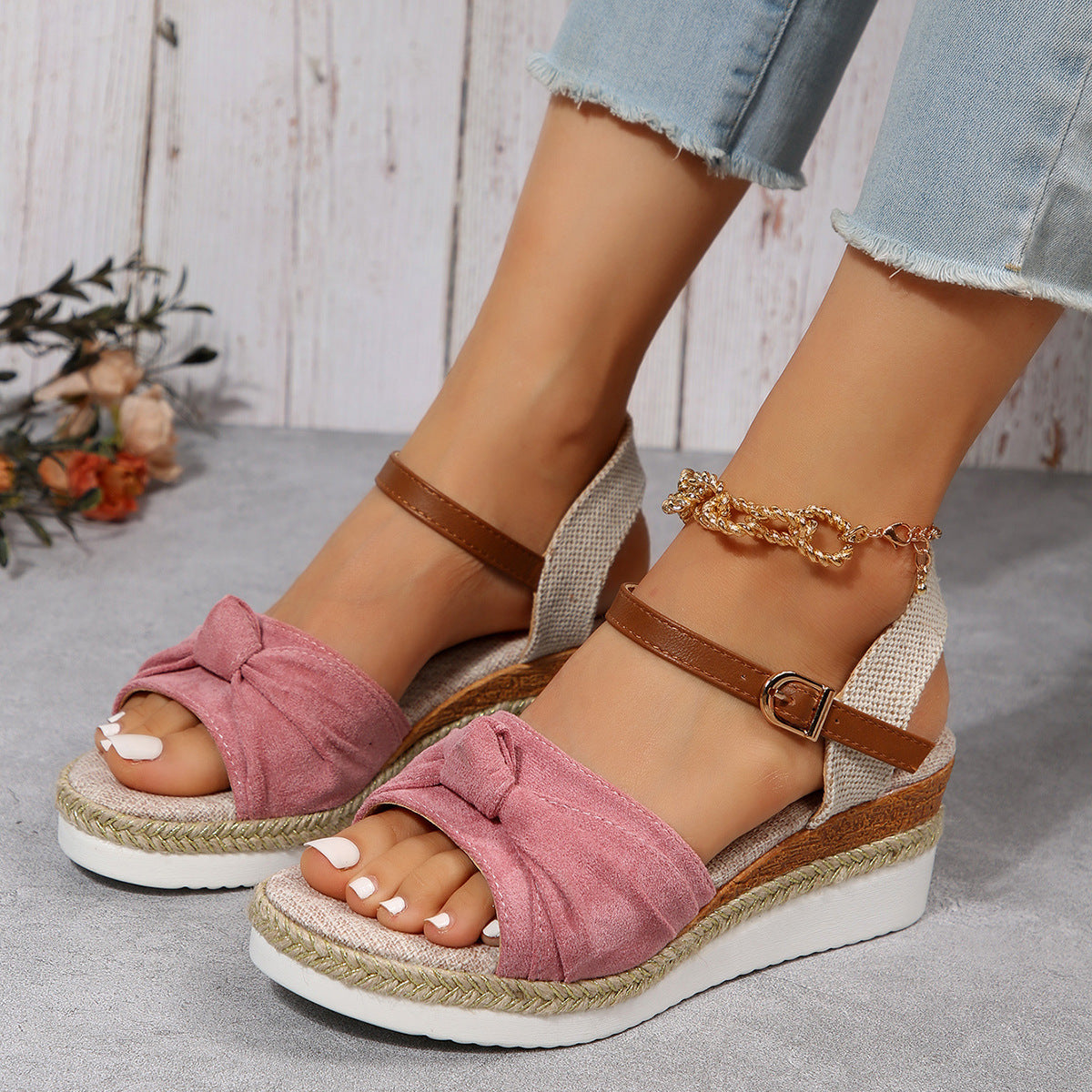 New Thick-soled Bow Sandals Summer Fashion Casual Linen Buckle Wedges Shoes For Women Limorista
