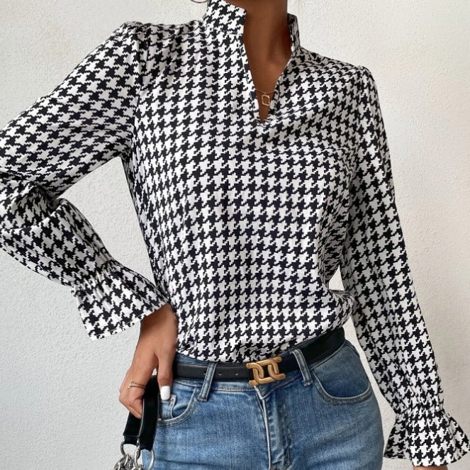 Houndstooth V-neck Long Sleeve Top Women Limorista