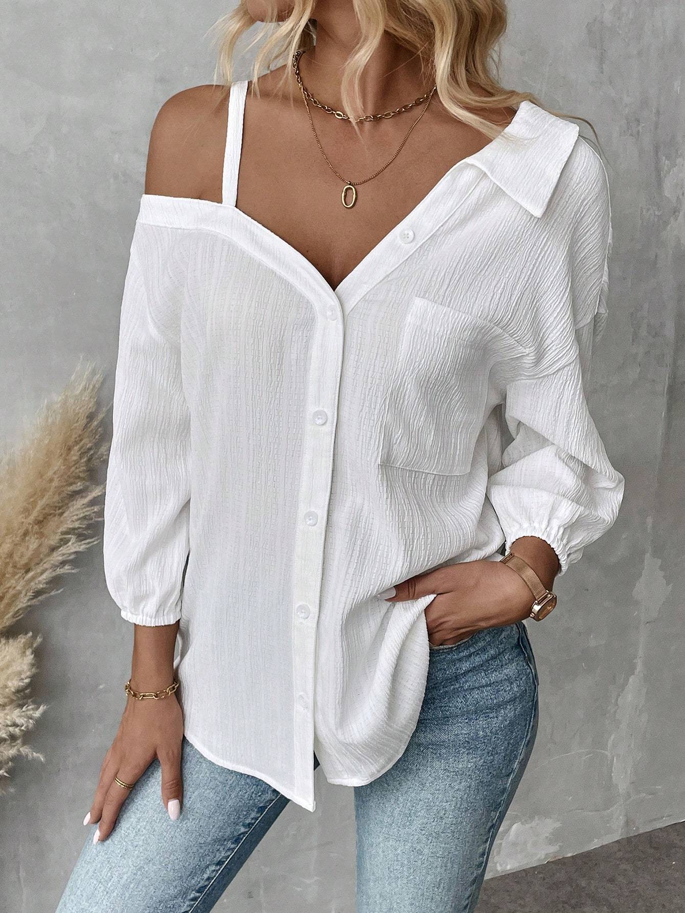 Fall Solid Color White Asymmetric Collar Dropped Shoulder Loose Casual Blouse Spring And Summer New Fashion Street Style Casual Asymmetrical Shoulder Shirt Limorista