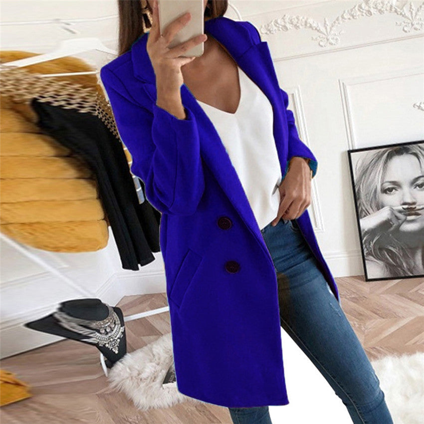 Solid Color Polo Collar Mid-length Button Woolen Coat Limorista