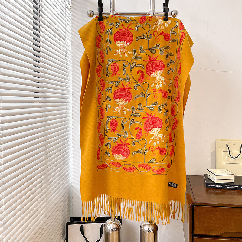 Contrast Color Pomegranate Leaf Embroidered Double-sided Shawl Limorista