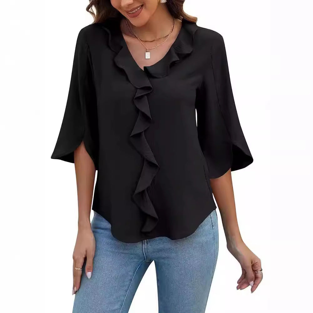 Lady Literature Leisure Commute All-matching Loose All-matching V-neck Flounce Shirt Limorista