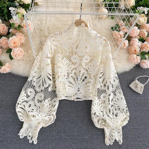 Limorista - Design Sense Lace Hollow Top Stand-up Collar Puff Sleeve Loose Shirt