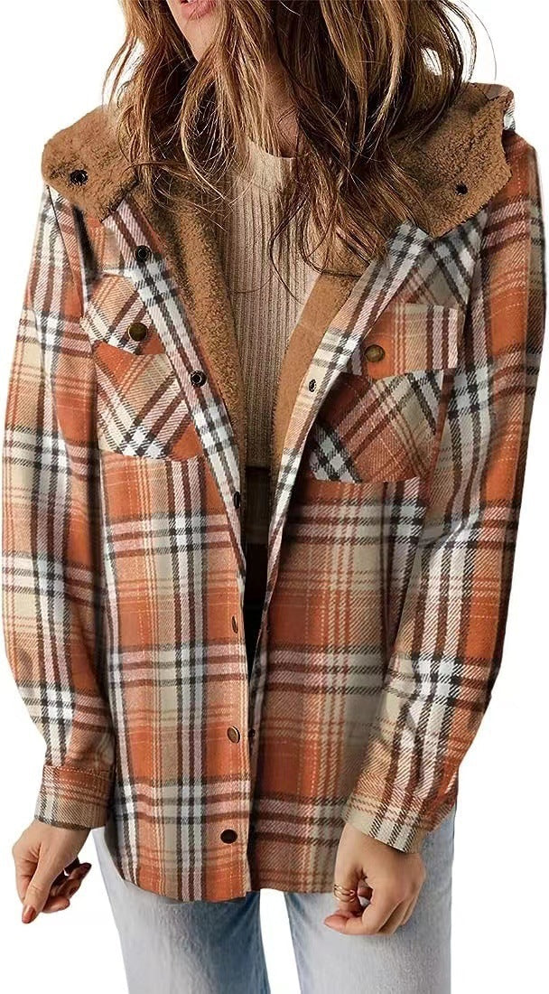 Limorista - Casual Plaid Hooded Woolen Coat Thickened Fleece-lined Warm Jacket