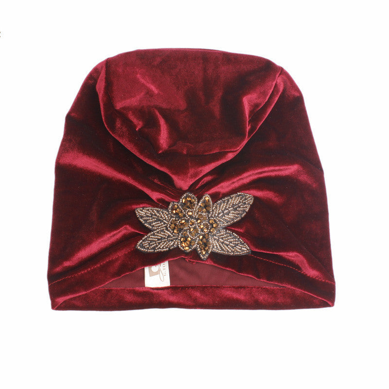 Beaded Flower Accessories Turban Hat Velvet Pleated Hood Limorista