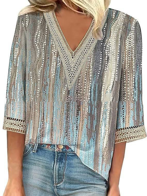Wear Loose New Floral Print Stitching Lace Half Sleeve V-neck T-shirt Limorista