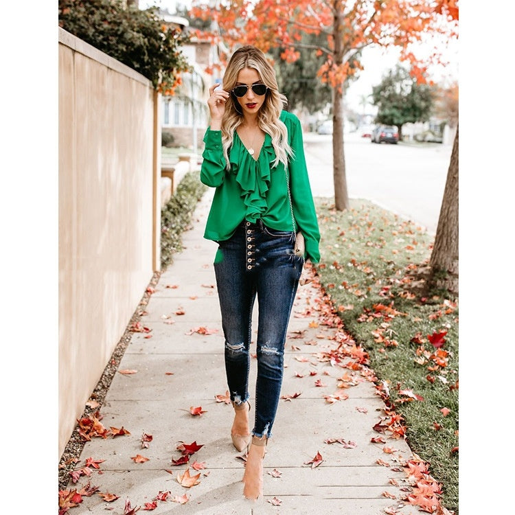 V-neck Flounce Loose And Stylish Long Sleeves Chiffon Shirt Limorista