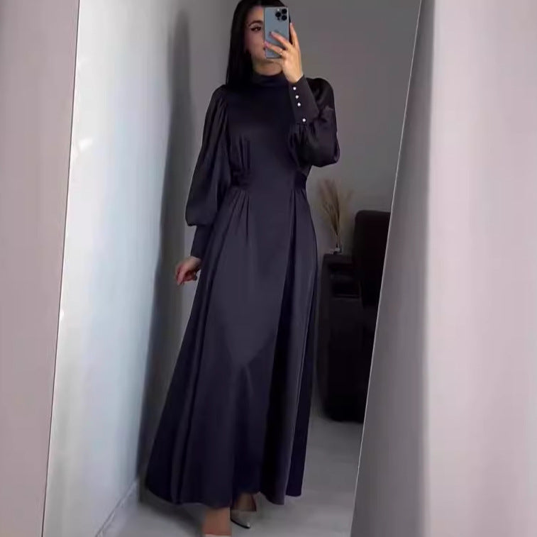 Waist Solid Color Long Sleeve Slim Fit Belt Retro Dress Limorista