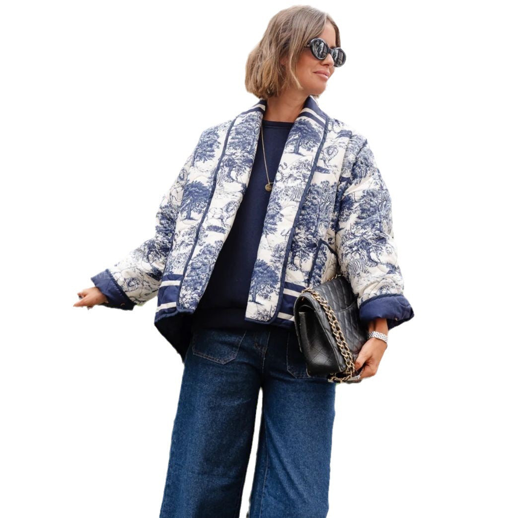 Fashion Vintage Print Color Contrast Short Leisure Warm Cotton Coat Limorista
