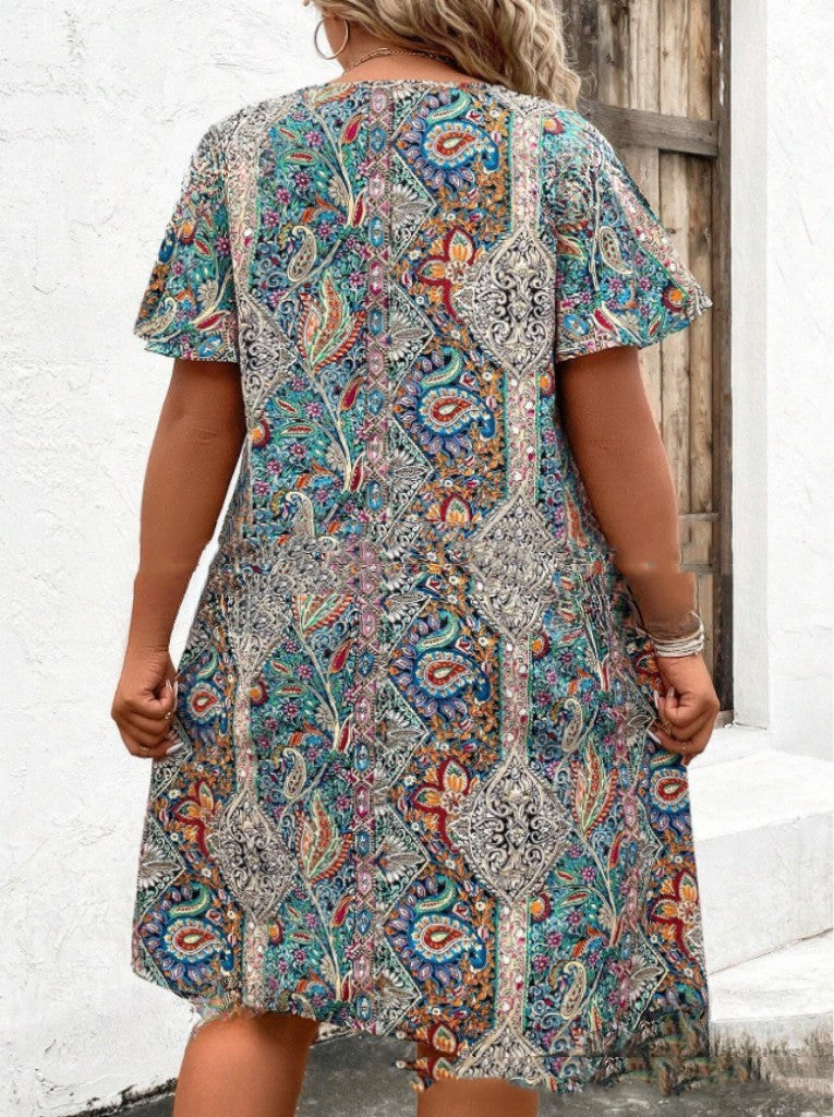 Printed V-neck Short Sleeve Dress Limorista