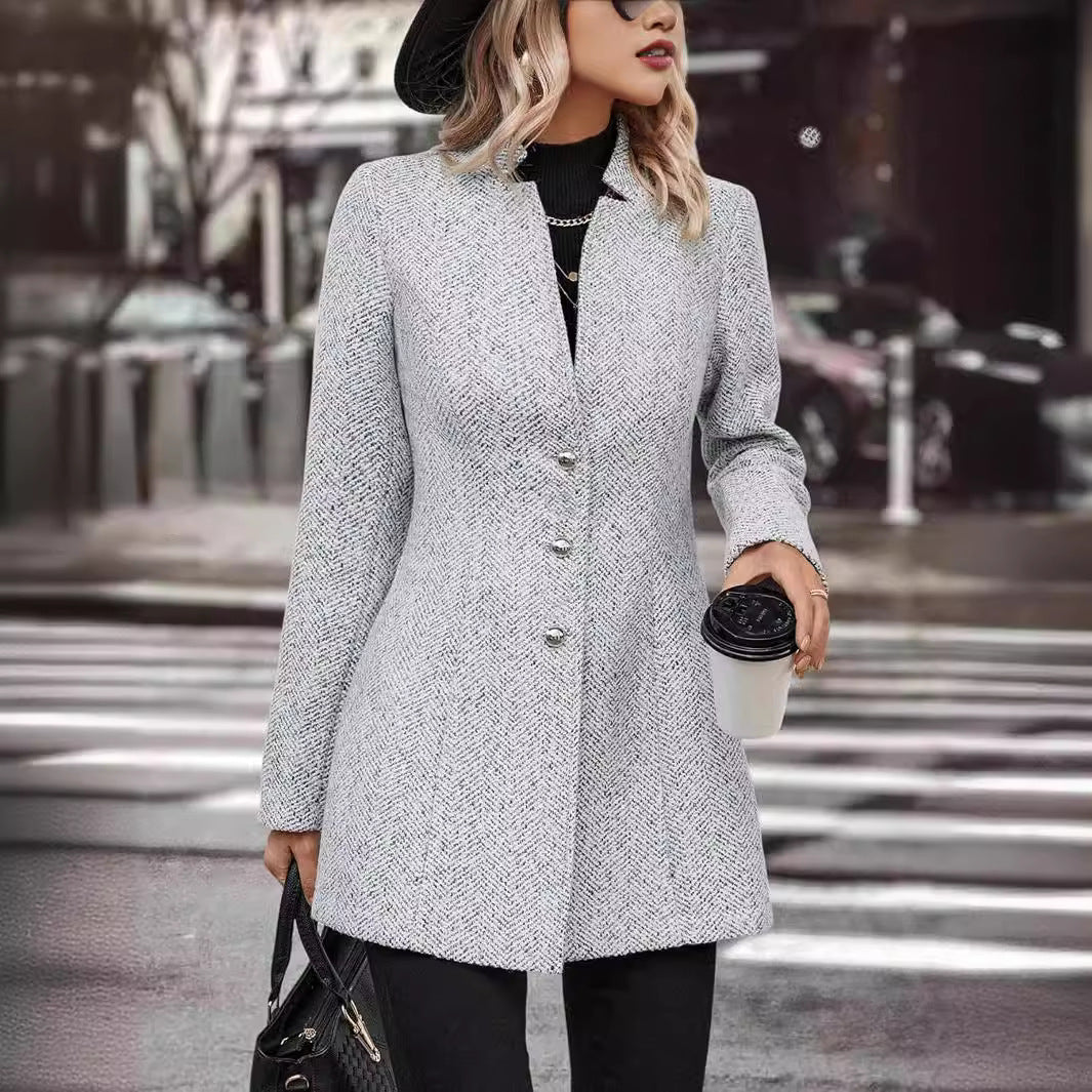 Long Sleeve Solid Color Stand Collar Button Trench Coat Fashion Women&