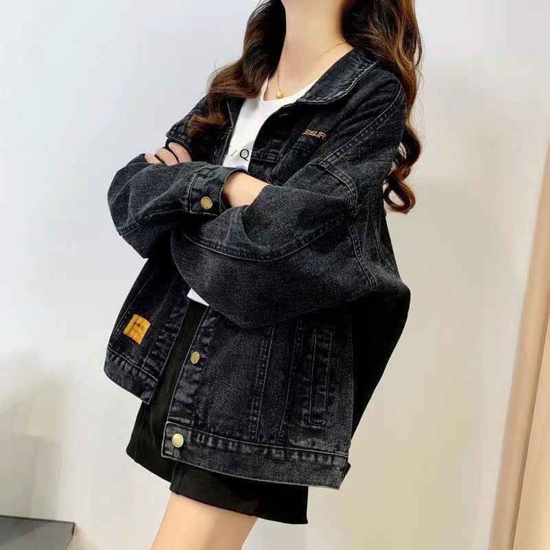 Limorista - Loose Embroidered Lettered Black Denim Jacket Slimming Jacket Coat For Women