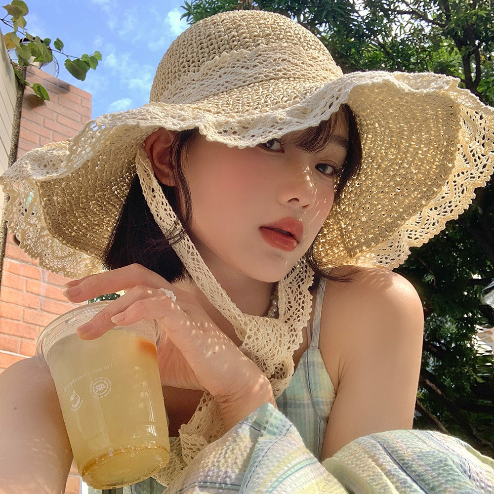 Lace String Color Woven Straw Hat Summer Versatile Outdoor Travel Beach Hat Cute Girl Ins Bucket Hat Limorista