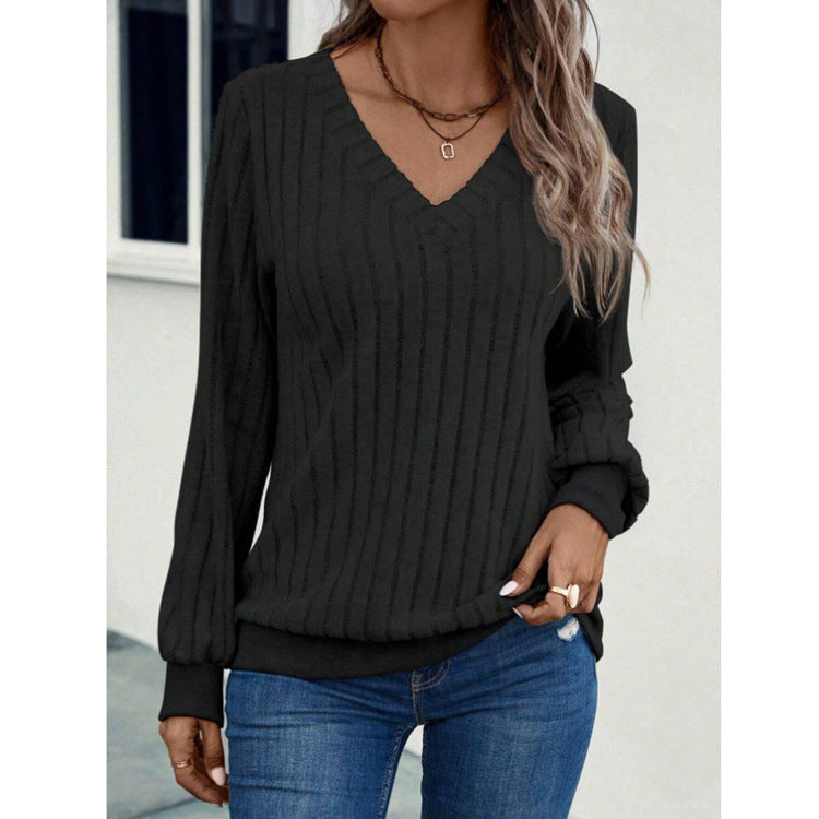 Fall V-neck Brushed Sunken Stripe Solid Color Top Women&