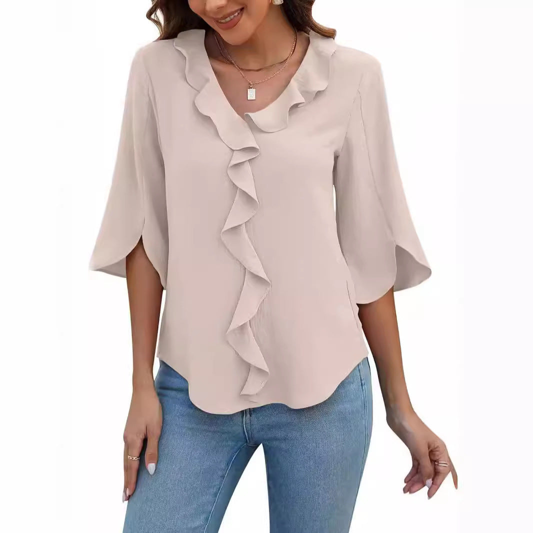Limorista - Lady Literature Leisure Commute All-matching Loose All-matching V-neck Flounce Shirt
