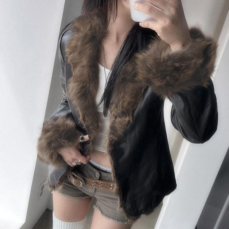 American Street Loose Fur Collar Leather Coat Limorista