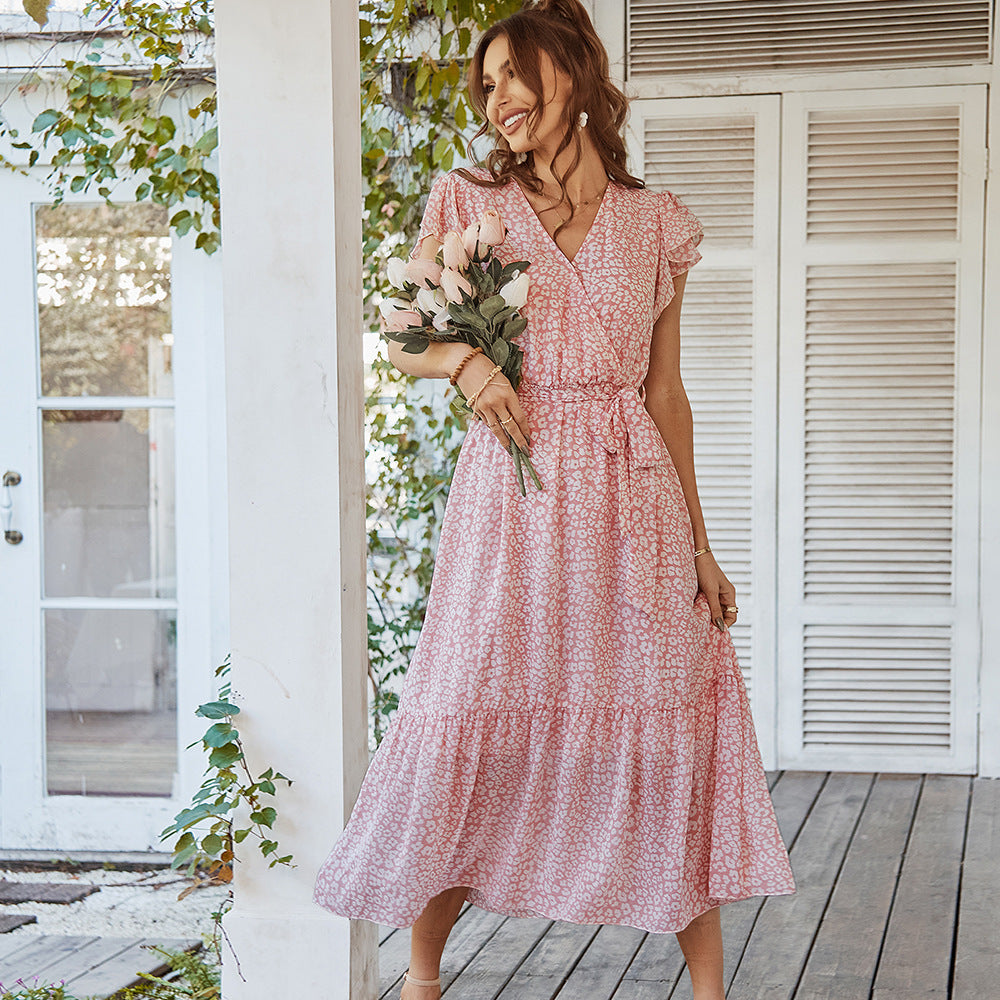 Summer Dresses Ruffle Cap Sleeve V Neck Belt Wrap Split Boho Floral Long Casual Party Beach Dress Limorista