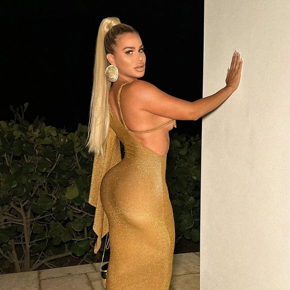 V-neck One-shoulder Flared Long Sleeve Bandage Dress Limorista