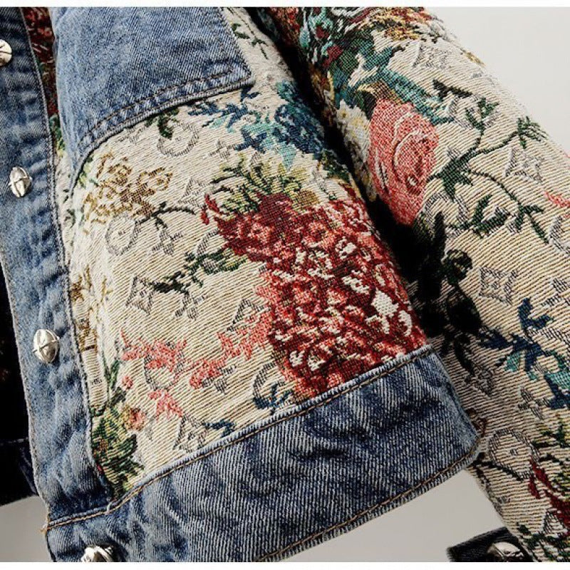 All-match Printed Patchwork Long Sleeves Lapel Denim Coat Limorista