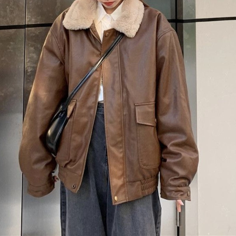 Zipper Retro Fashion Elegance Leather Coat Women&