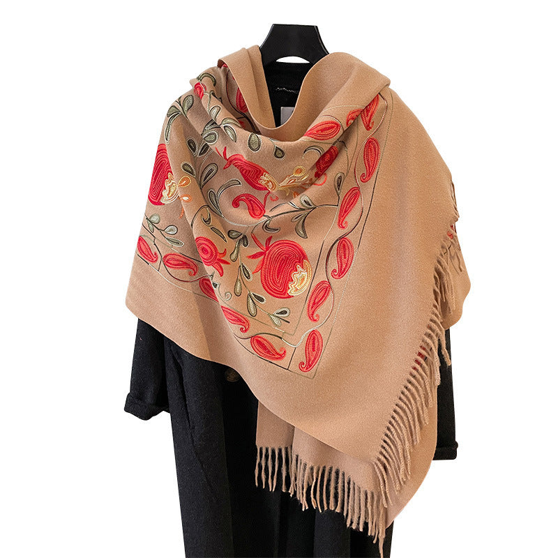 Contrast Color Pomegranate Leaf Embroidered Double-sided Shawl Limorista