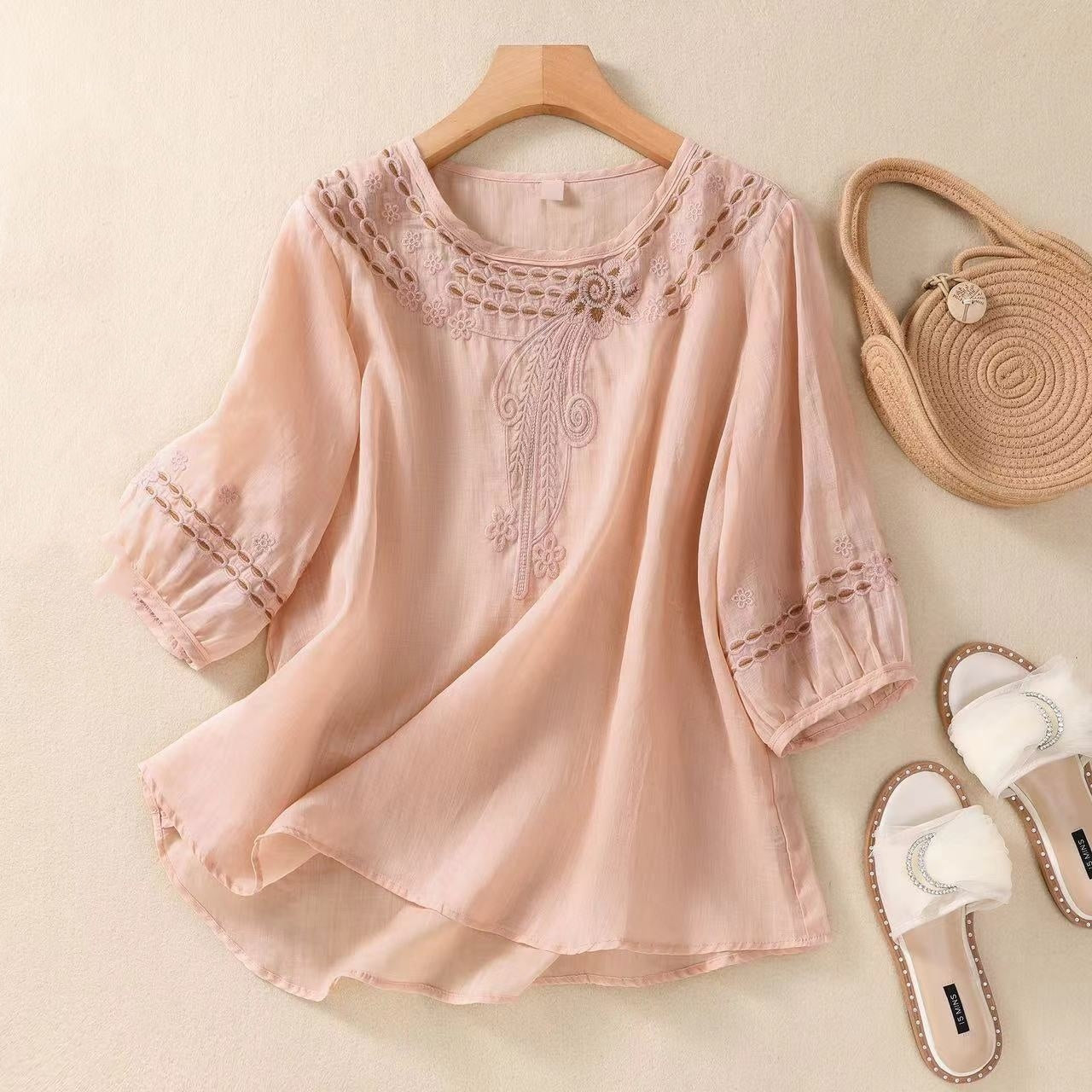 Limorista - Vintage Cotton And Linen Embroidered Shirt Summer Half Sleeve