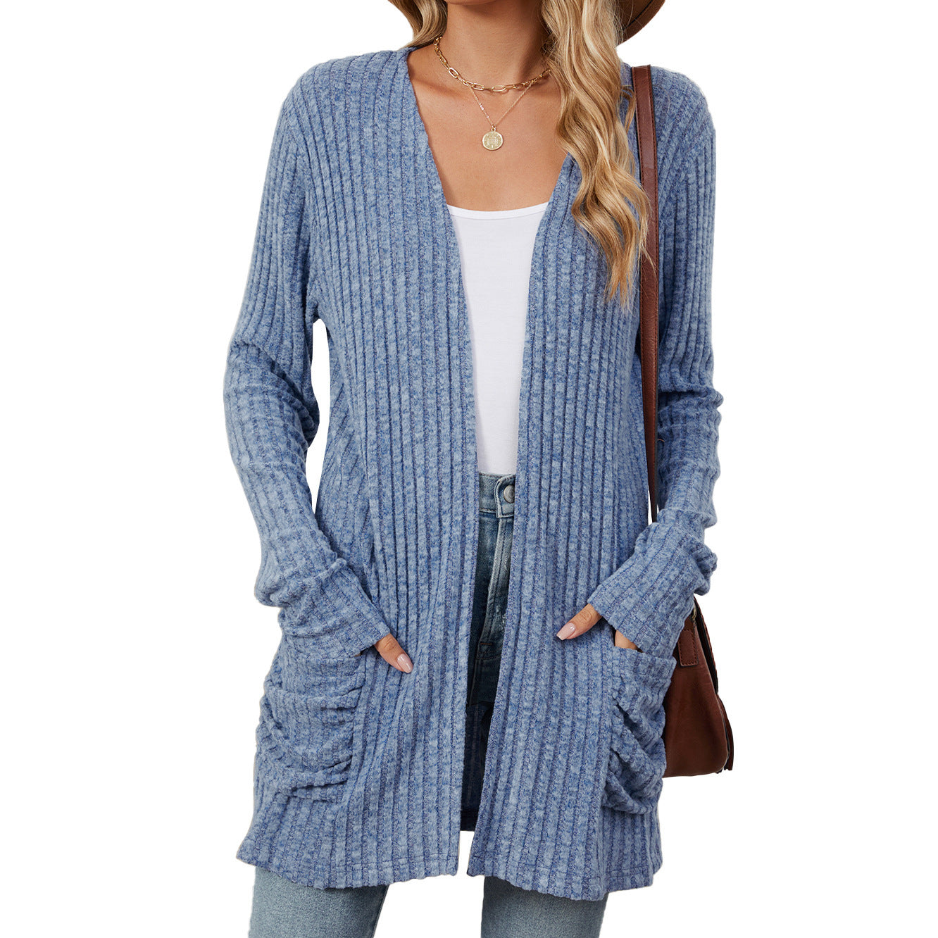 Solid Color Pocket Long Sleeve Bottoming Cardigan Knitwear Limorista
