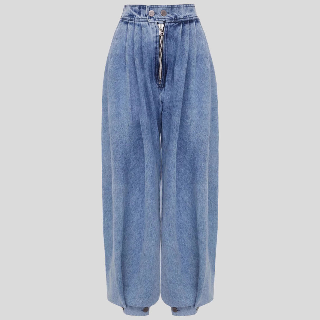 High Waist Zipper Denim Loose Harem Pants Limorista