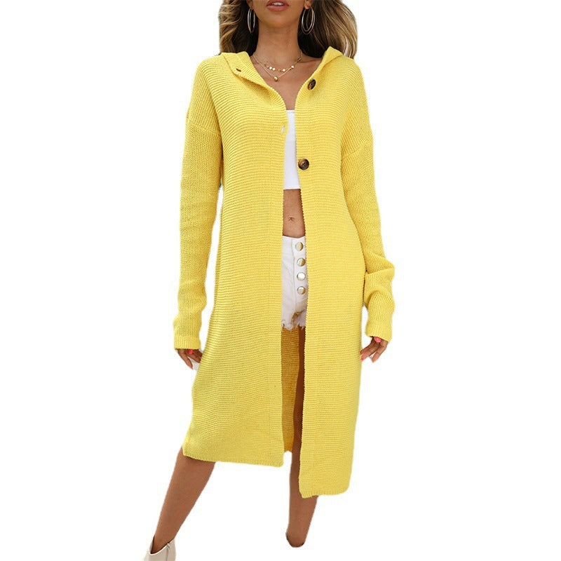 Sweater Cardigan Solid Color Long Sleeve Hooded Long Knitted Cardigan Women&