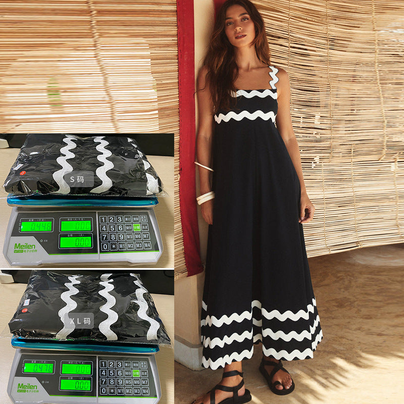 Flowers Print Wavy Pattern Suspender Long Dress For Women Fashion A-Line Beach Dresses Womens Clothing - Limorista