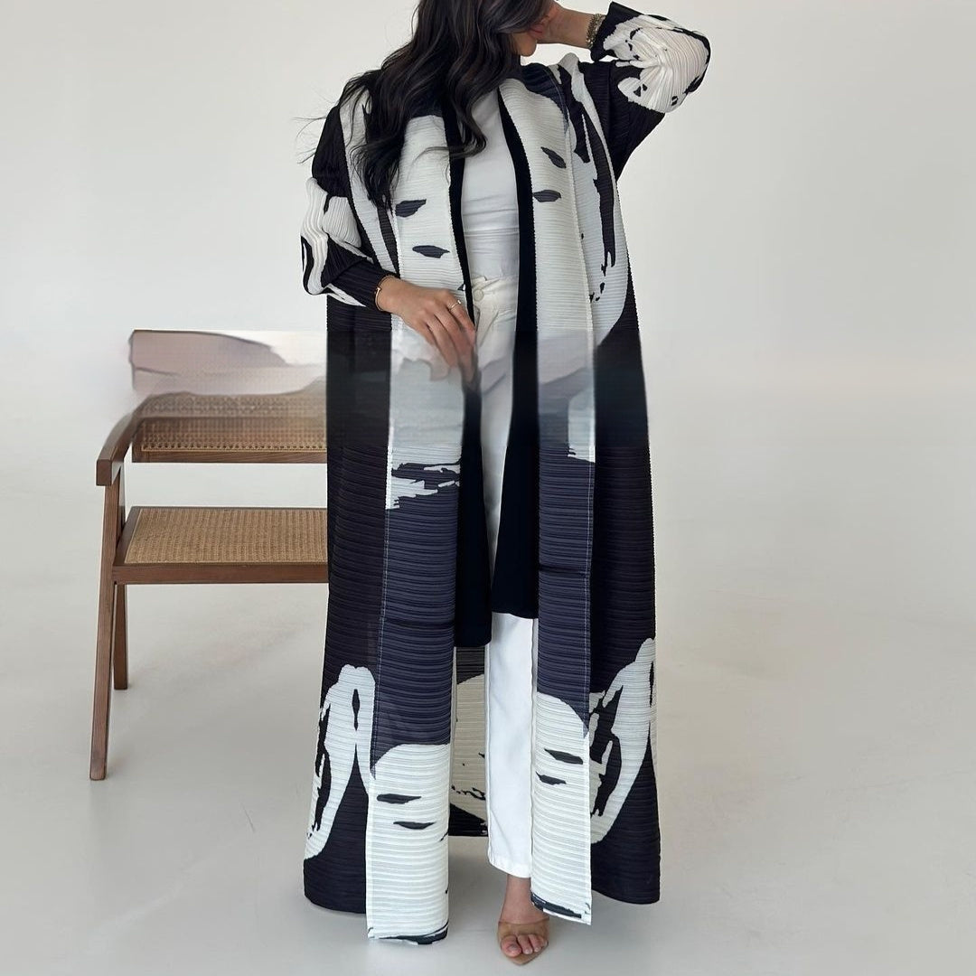 Pleated Trench Djellaba Hot-selling Printed Shawl Cardigan Ethnic Style Cloak Coat Limorista