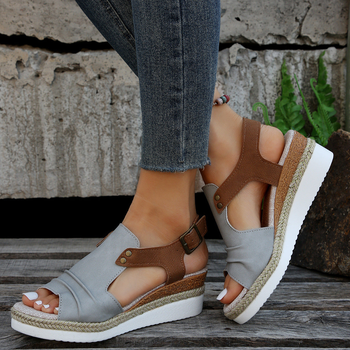 Fish Mouth Wedges Sandals With Straw Design Summer Peep Toe Buckle Beach Shoes For Women Limorista