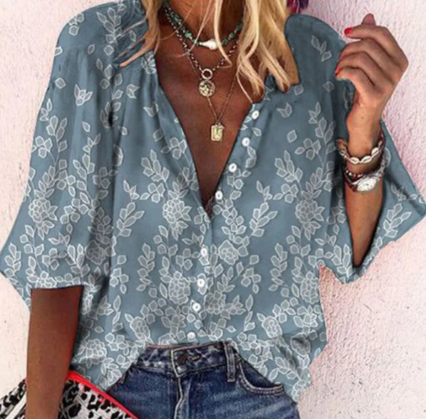 Fashion V-neck 3d Floral Printed Long-sleeved Top Limorista