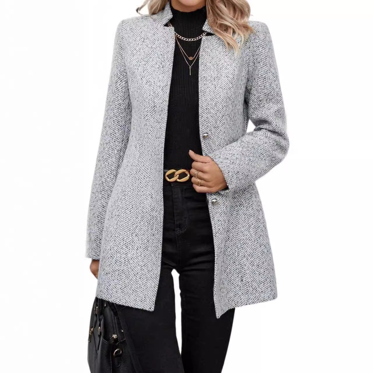 Long Sleeve Solid Color Stand Collar Button Trench Coat Fashion Women&