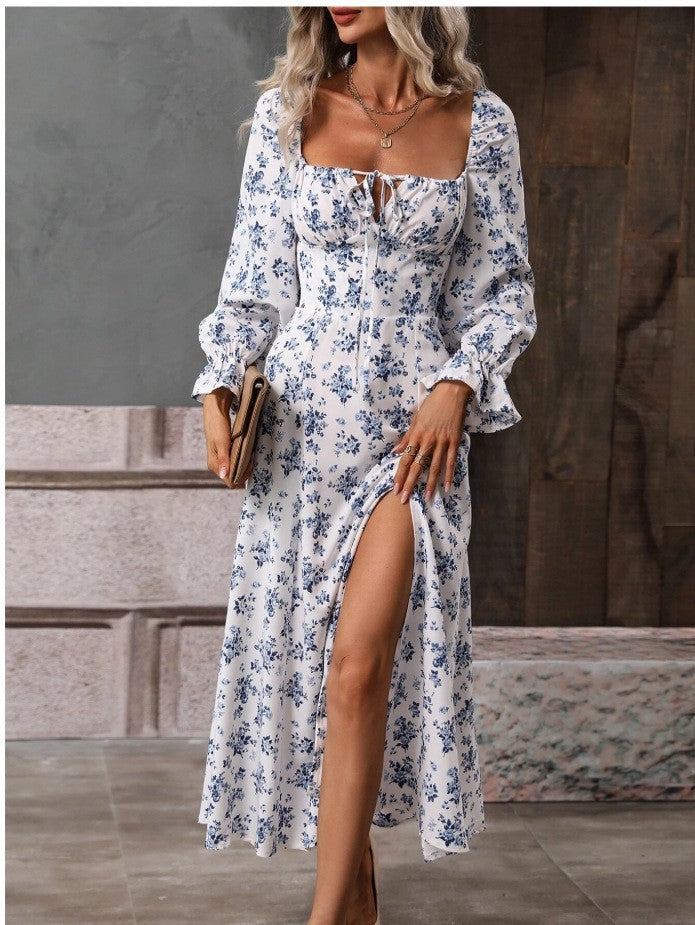 Flowers Printing Long Sleeve Dress Fashion Square-neck Bottom Slit Dresses Womens Clothing - Limorista
