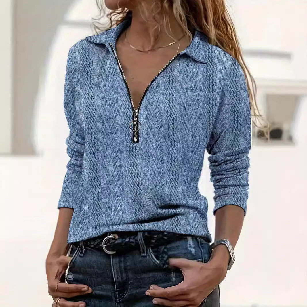 Lapel Solid Color Texture Series Zipper Women&