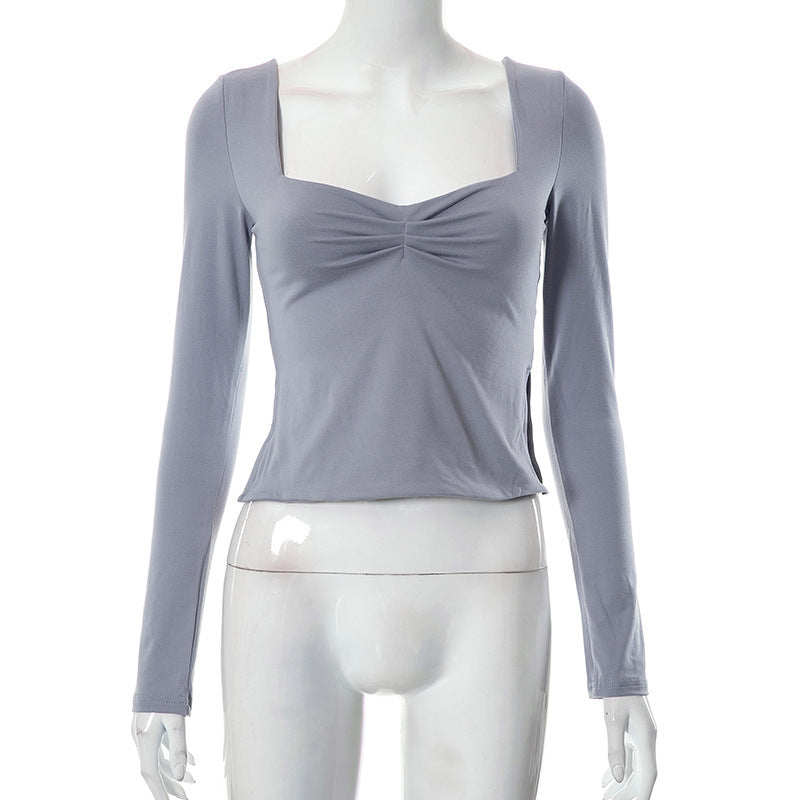 Autumn Ins New Solid Color Square Collar Long Sleeve Pleated Side Slit Top T-shirt For Women Limorista
