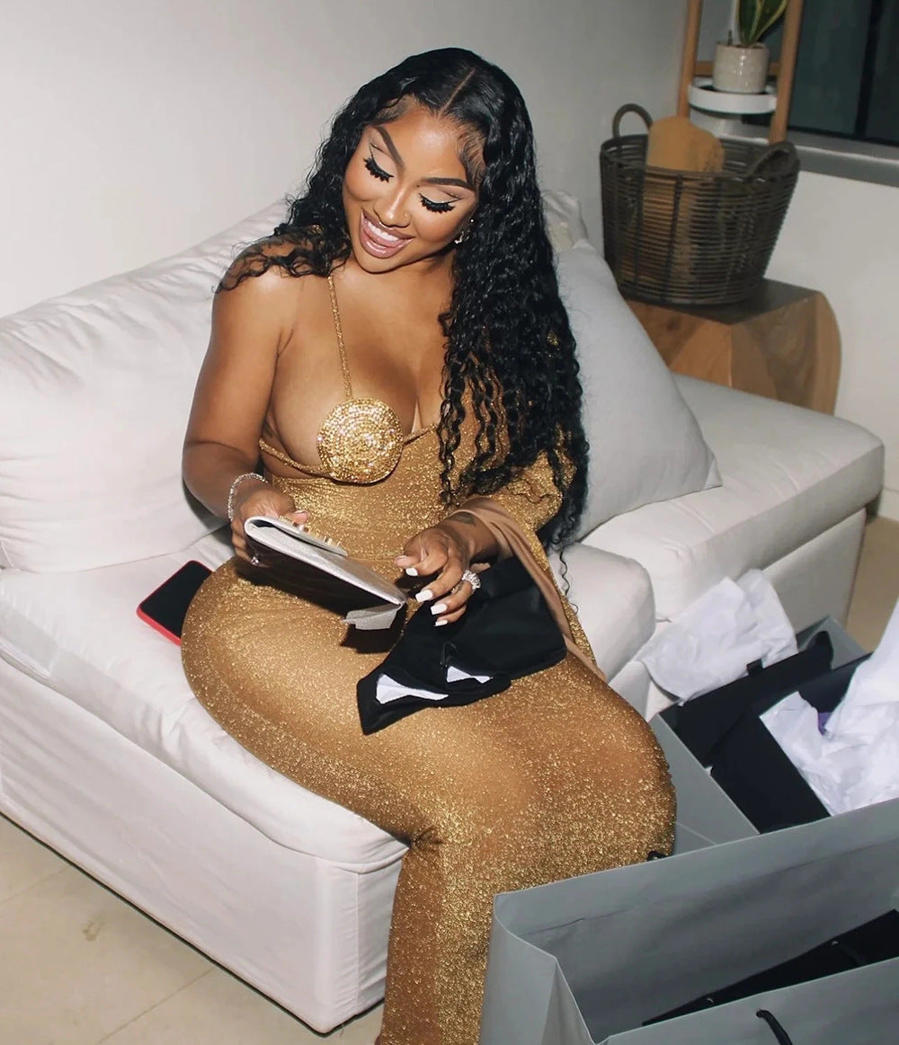 V-neck One-shoulder Flared Long Sleeve Bandage Dress Limorista