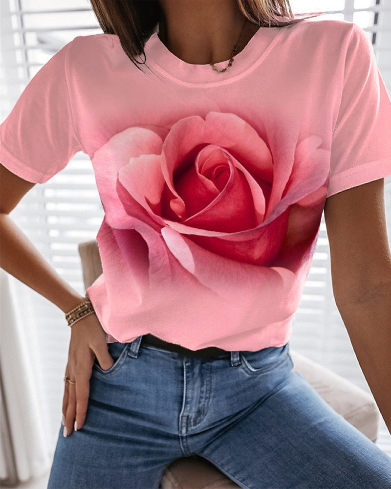 Fashion Rose 3D Printed T-shirt Round Neck Slim Fit Limorista