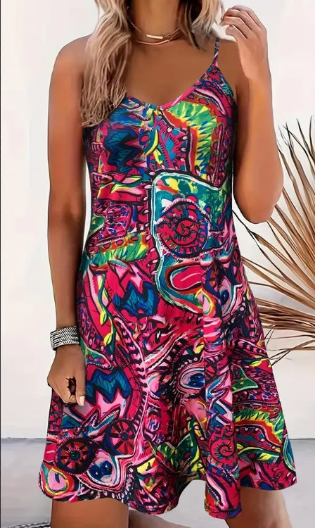 Abstract Print Backless Cami Dress, Vacation Sleeveless V-neck Dress, Women&