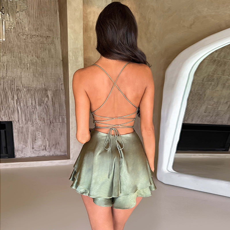 Halter Satin Backless Straps A Swing Dress Summer Sexy Temperament Elegant Celebrity Style Short Dress Womens Clothing Limorista