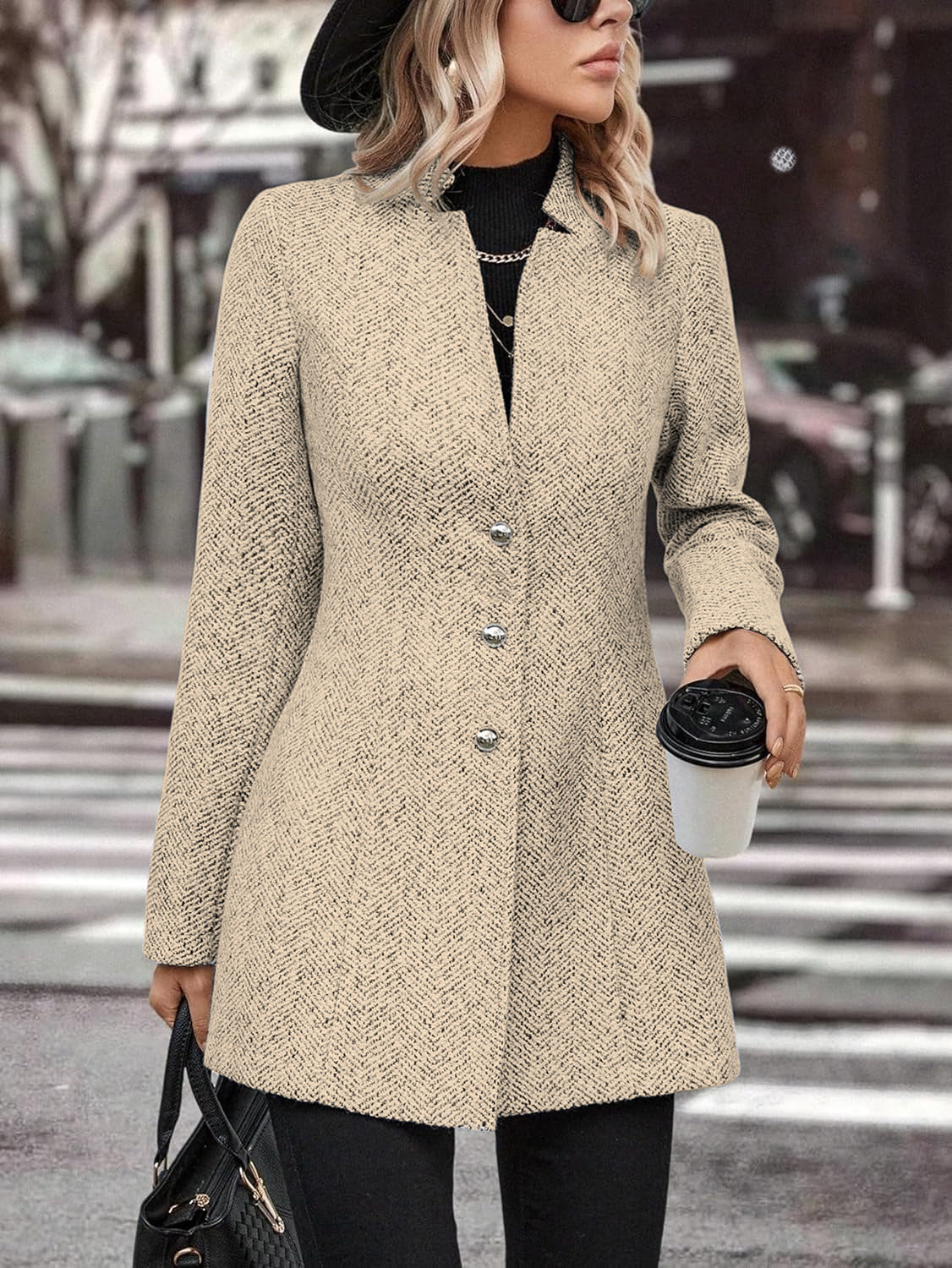 Long Sleeve Solid Color Stand Collar Button Trench Coat Fashion Women&
