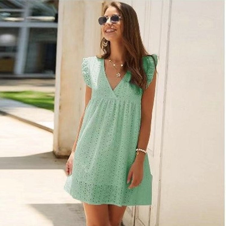 Summer V-neck Cotton Short Skirt Solid Color Dress Limorista