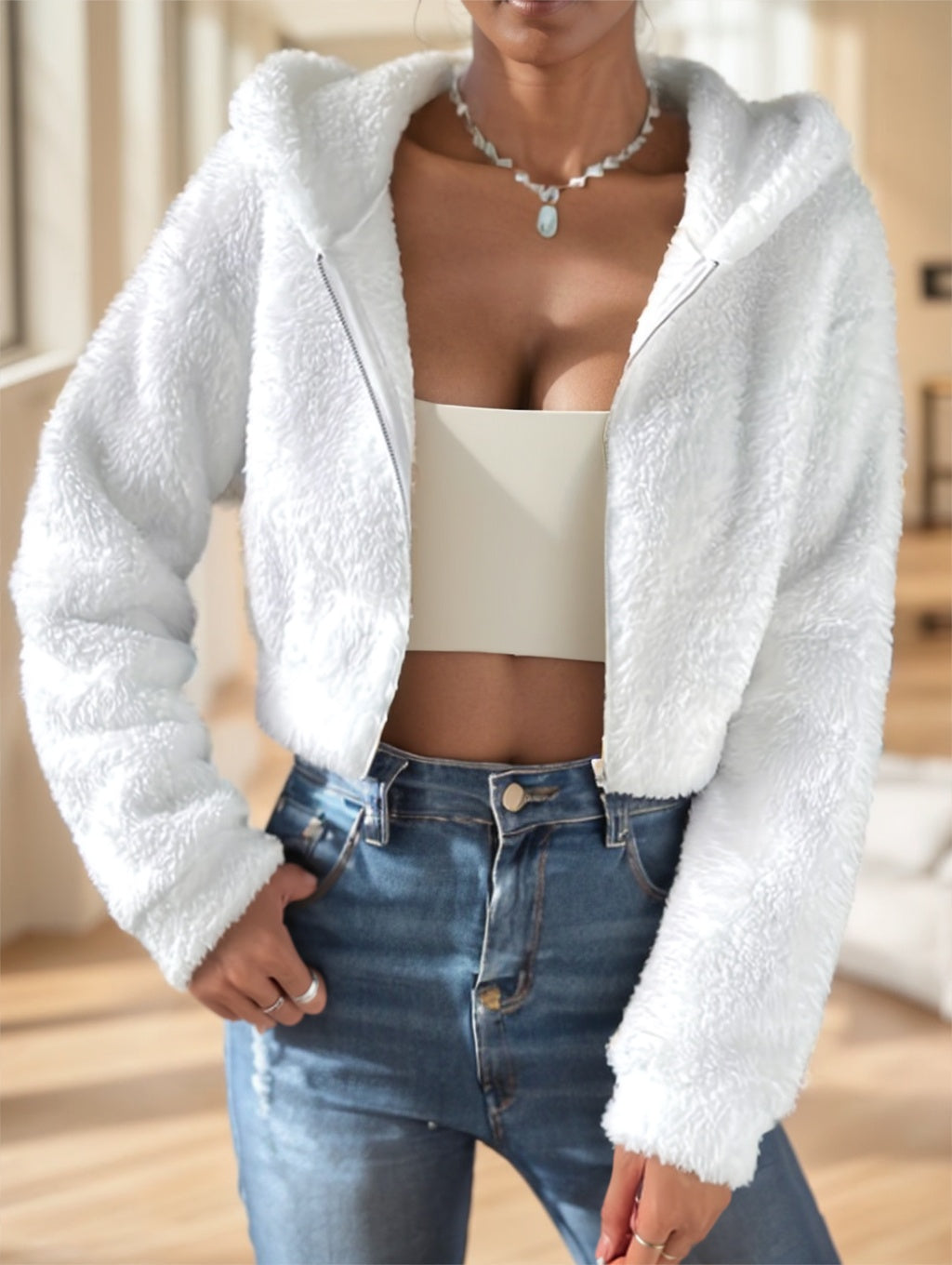 Solid Color Zip-up Teddy Hoodie, Casual Long Sleeve Hoodie Jacket Limorista