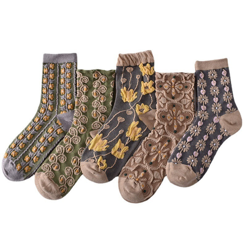 Cotton Socks Retro Court Three-dimensional Embossed Women&