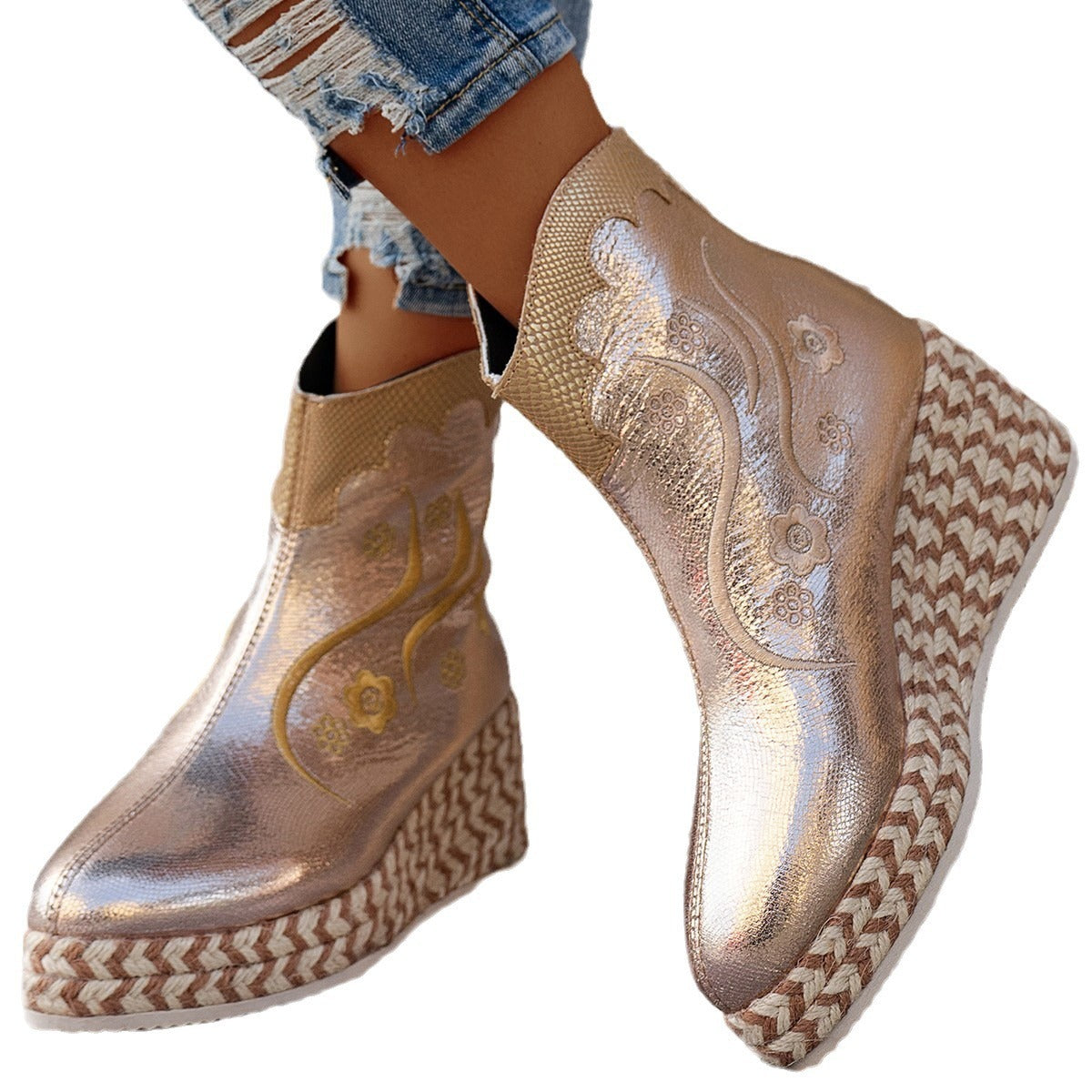 Autumn And Winter Thick Bottom Wedge Embroidered Retro Leisure Boots Limorista